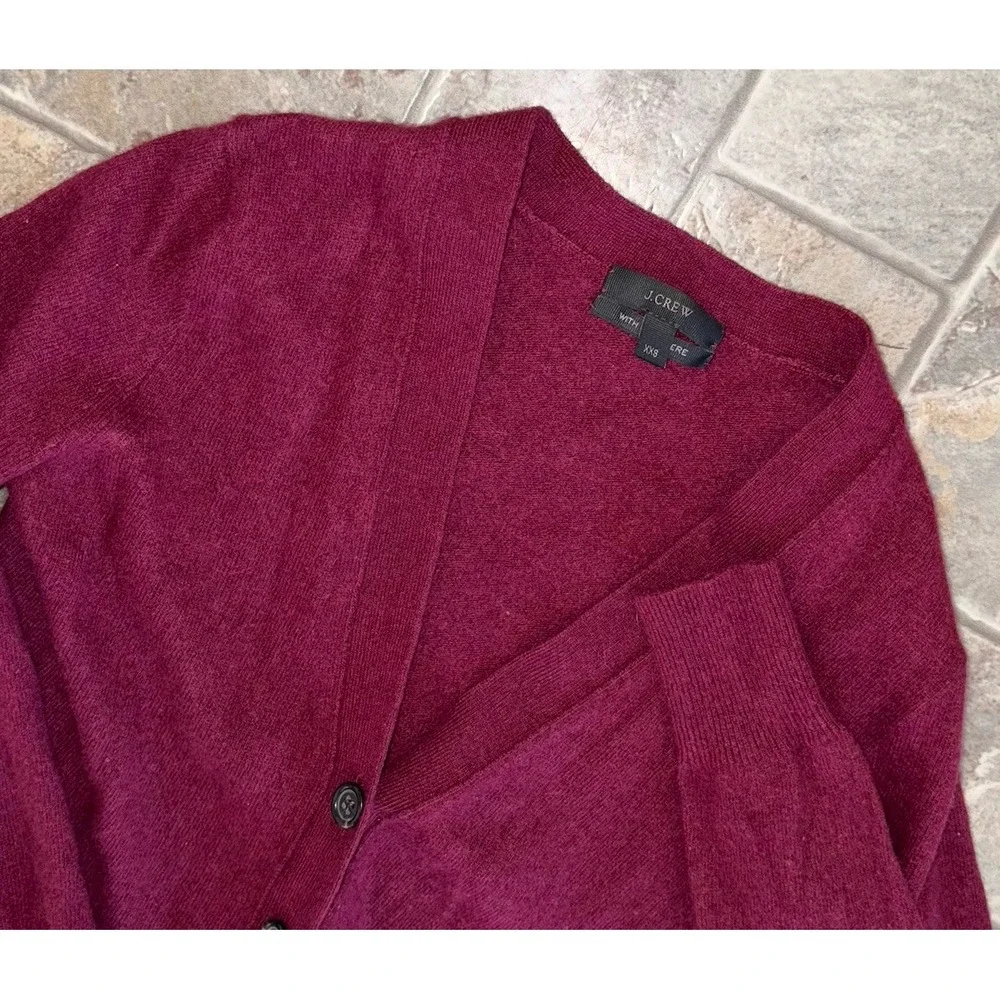 J Crew Sweater Womens XXS Boyfriend Cardigan Wool Cashmere Blend Burgundy